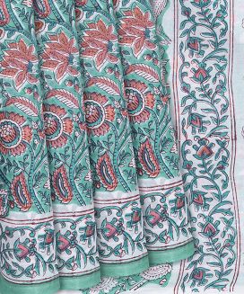 Aquamarine Woven Jaipur Cotton Saree With Printed Floral Motifs
