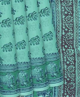 Cyan Woven Jaipur Cotton Saree With Printed Elephant Motifs
