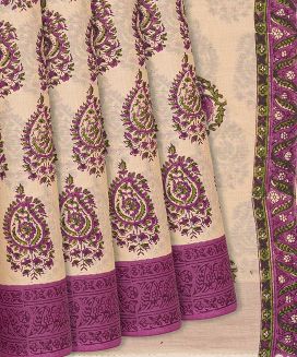 Sandal Woven Jaipur Cotton Saree With Printed Floral Motifs
