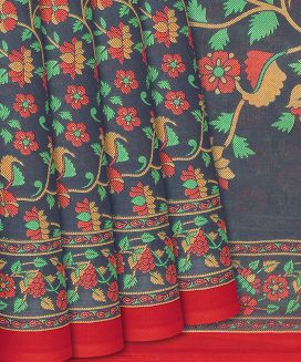 Dark Grey Woven Jaipur Cotton Saree With Floral Vine Motifs
