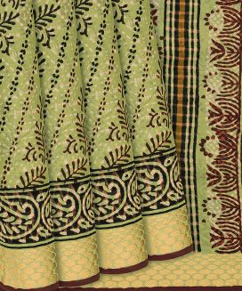 Pista Green Woven Jaipur Cotton Saree With Printed Floral Motifs
