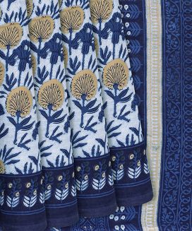 Indigo Woven Jaipur Cotton Saree With Printed Floral Motifs

