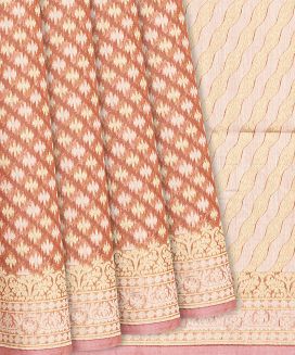 Peach Handloom Banarasi Cotton Saree With Triangle Motifs
