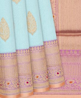 Turquoise Handloom Banarasi Linen Saree With Floral Zari Buttas
