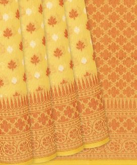 Yellow Handloom Banarasi Cotton Saree With Floral Motifs
