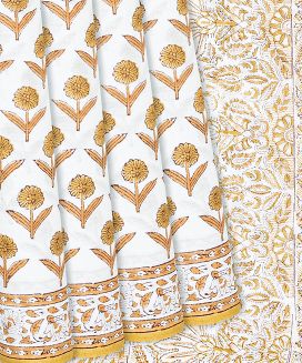 Off White Jaipur Cotton Saree With Printed Flower Motifs
