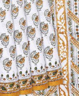 Off White Jaipur Cotton Saree With Printed Mustard Floral Motifs
