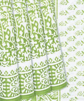 Light Green Jaipur Cotton Saree With Printed Flower Motifs
