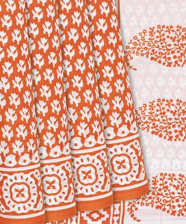 Orange Jaipur Cotton Saree With Printed Flower Motifs
