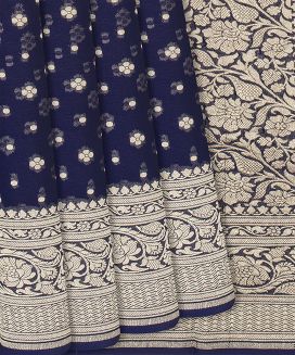 Navy Blue Handloom Banarasi Khaddi Georgette Saree With Floral Motifs
