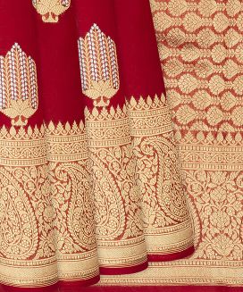 Crimson Handwoven Banarasi Organza Saree With Floral Motifs
