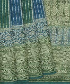 Teal Handwoven Chanderi Silk Cotton Saree With Stripes

