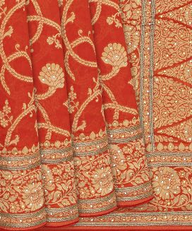 Red Banarasi Khaddi Georgette Saree With Floral Motifs
