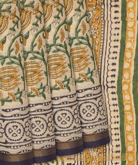 Beige Woven Chanderi Cotton Saree Printed Kalamkari Flower Motifs 
