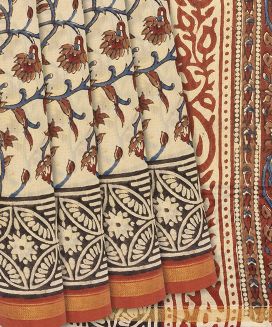 Taupe Woven Chanderi Cotton Saree Printed Kalamkari Floral Motifs 
