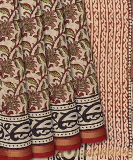 Taupe Woven Chanderi Cotton Saree Printed With Kalamkari Floral Motifs 
