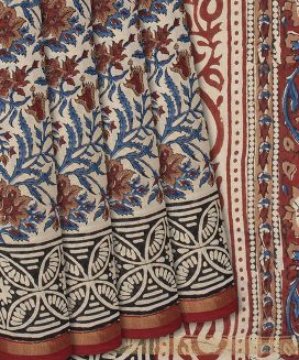 Taupe Woven Chanderi Cotton Saree Printed With Kalamkari Motifs 
