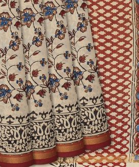 Beige Woven Chanderi Cotton Saree Printed With Kalamkari Floral Motifs 
