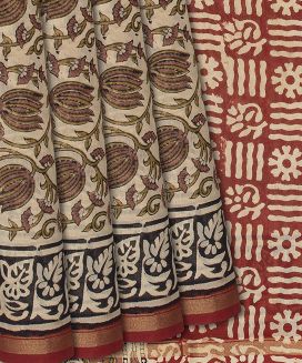 Beige Woven Chanderi Cotton Saree Printed With Kalamkari Motifs 
