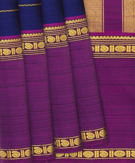 Dark Blue Handloom Kanchipuram Silk Saree With Stripes
