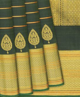 Dark Green Handloom Kanchipuram Silk Saree With Stripes
