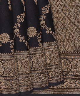 Black Mysore Crepe Silk Saree With Floral Jaal Motifs
