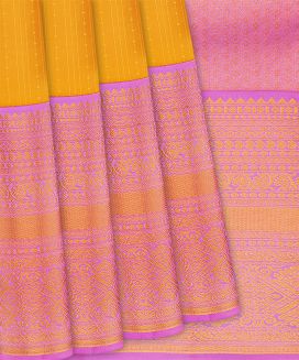 Yellow Woven Silk Saree With Stripes & Contrast Border
