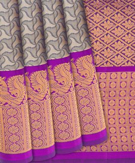 Grey Woven Silk Saree With Contrast Pink Border
