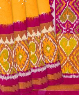 Yellow Handwoven Bandhani Silk Saree With Chevron Motifs
