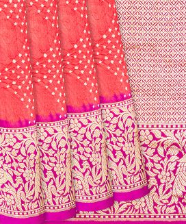 Peach Handwoven Bandhani Silk Saree With Diamond Motifs
