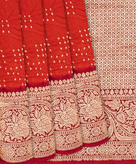 Crimson Handwoven Bandhani Silk Saree With Diamond Motifs

