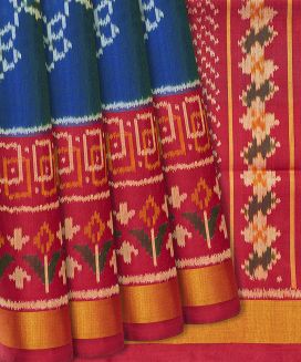 Cyan Handloom Rajkot Patola Silk Saree With Floral Motifs
