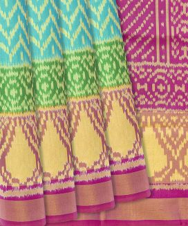 Turquoise Handloom Rajkot Patola Silk Saree With Chevron Motifs
