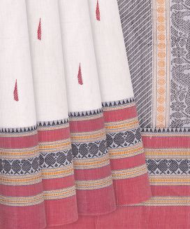 White Handloom Kanchi Cotton Saree With Jasmine Bud Buttas
