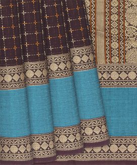 Brown Handloom Kanchi Cotton Saree With Dotted Checks
