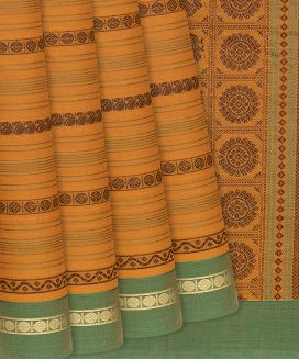 Turmeric Yellow Handloom Kanchi Cotton Saree With Stripes
