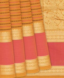 Mustard Handloom Kanchi Cotton Saree With Beldari Stripes

