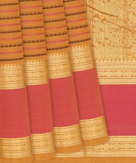 Orange Handloom Kanchi Cotton Saree With Beldari Stripes
