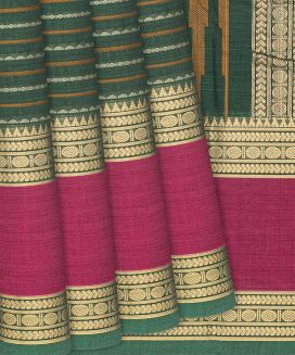 Green Handloom Kanchi Cotton Saree With Beldari Stripes
