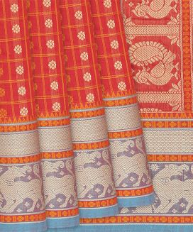 Red Handloom Kanchi Cotton Saree With Kamalam Checks
