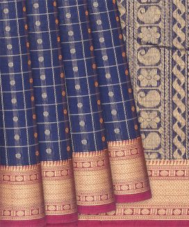 Navy Blue Handloom Kanchi Cotton Saree With Checks
