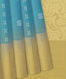 Sky Blue Handloom Soft Silk Saree With Stripes & Floral Motifs
