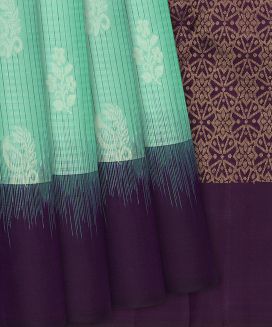 Aquamarine Handloom Soft Silk Saree With Checks & Contrast Border
