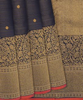 Navy Blue Handloom Kanchipuram Silk Saree With Zari Stripes & Kamalam Buttas
