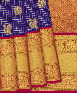Dark Blue Handloom Kanchipuram Korvai Silk Saree With Zari Checks
