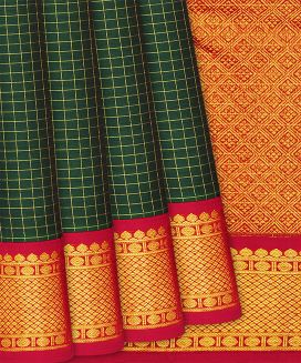 Dark Green Handloom Kanchipuram Korvai Silk Saree With Checks
