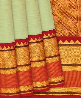 Pista Green Handloom Kanchipuram Korvai Silk Saree With Crimson Border
