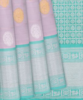 Dusty Pink Handloom Kanchipuram Korvai Silk Saree With Turquoise Border
