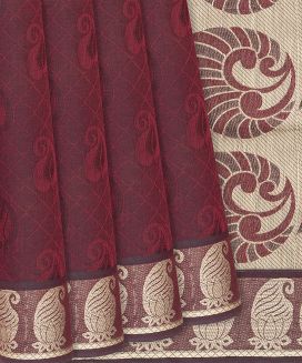 Crimson Handloom Village Cotton Saree With Mango Motifs and Checks
