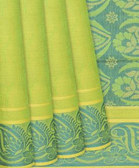 Lemon Green Handloom Village Cotton Saree With Flower Motifs

